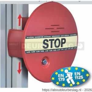 GfS DX 961 DEXCON alarm bij espagnolet sluiting inclusief bekabeld deur reedcontact 2 m 2x systeemsleutel magneetfolie voor status waarneming pictogram STOP 9 V batterij ingebouwde batterijbewaking EN 179 en 1125 95 dB - A30204225 - afbeelding 1