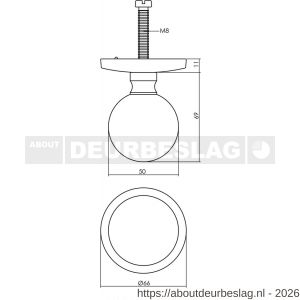Intersteel Living 3930 voordeurknop bolrond diameter 50 mm op achterplaat diameter 66 mm messing getrommeld - R26001025 - afbeelding 2