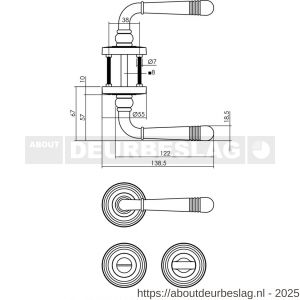 Intersteel 1725 deurkruk Helena op rozet verdekt met rillen diameter 55x10 mm met nokken en WC-sluiting met stift 8x8 mm PVD messingkleur - R26001777 - afbeelding 2