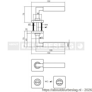 Intersteel 1741 deurkruk Baustil op rozet verdekt 55x55x10 mm met nokken en WC-sluiting met stift 8x8 mm PVD messingkleur - R26010157 - afbeelding 2