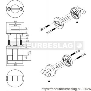 Intersteel 3175 WC-sluiting éénzijdig verdekt diameter 55x8 mm met stift 8x8mm knop op verdekte rozet PVD messing mat - R26011389 - afbeelding 2