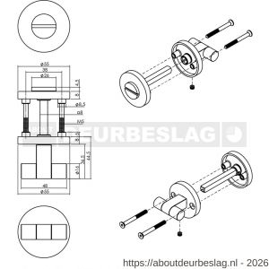 Intersteel 3175 WC-sluiting éénzijdig verdekt diameter 55x8 mm met stift 8x8mm knop op schroefgat rozet PVD messing mat - R26011390 - afbeelding 2