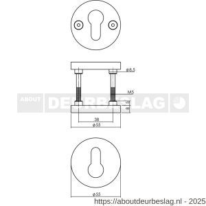 Intersteel 3175 cilinderrozetten éénzijdig verdekt diameter 55x8 mm met nokken diameter 8 mm PVD messing mat - R26011351 - afbeelding 2