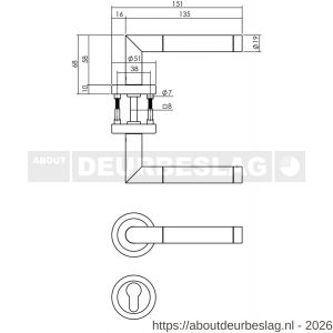 Intersteel 1710 deurkruk Jura met rozet verdekt ATP diameter 51x10 mm met nokken en cilinderrozetten chroom-nikkel mat - R26008010 - afbeelding 2