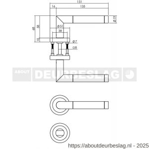 Intersteel 1710 deurkruk Jura met rozet verdekt ATP diameter 51x10 mm met nokken en WC-sluiting met stift 8x8 mm chroom-nikkel mat - R26008011 - afbeelding 2