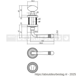 Intersteel 1725 knop-kruk garnituur rechts Helena op rozet verdekt met rillen diameter 55x10 mm met nokken en cilinderrozetten gebruineerd - R26008351 - afbeelding 1