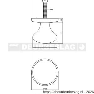 Intersteel 3930 voordeurknop Paddenstoel diameter 58 mm op achterplaat diameter 66 mm éénzijdige montage RVS getrommeld - R26010853 - afbeelding 2