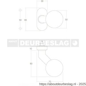 Intersteel 0773 knopkruk Bol brandvertragend 9 mm op rozet verdekt ovaal 65x30x10 mm RVS - R26000960 - afbeelding 2