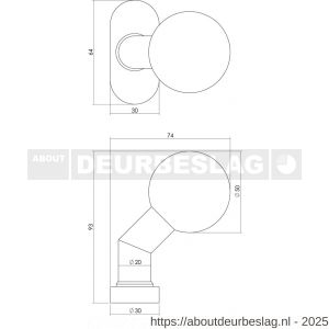 Intersteel 0779 knop 077902 bol-schuin brand vertragend vast op rozet ovaal 65x30x10 mm tapgat M6 RVS - R26000973 - afbeelding 2