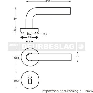 Intersteel 1014 deurkruk Half rond-90 graden op rozet verdekt diameter 55x8 mm met nokken en sleutelrozetten RVS - R26005500 - afbeelding 2