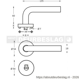 Intersteel 1016 deurkruk Lisa-90 graden op rozet verdekt diameter 55x8 mm met nokken en WC-sluiting met stift 8x8 mm RVS - R26005509 - afbeelding 2