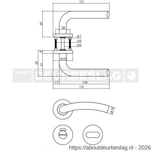 Intersteel 1275 deurkruk Lisa op rozet verdekt diameter 53x8 mm met nokken en WC-sluiting met stift 8x8 mm RVS - R26005609 - afbeelding 2
