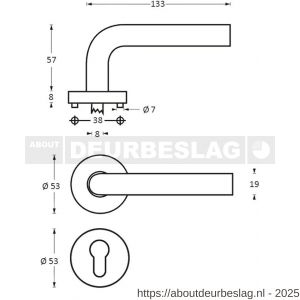 Intersteel 1276 deurkruk Lisa-90 graden op rozet verdekt diameter 53x8 mm met nokken en cilinderrozetten RVS - R26005616 - afbeelding 2