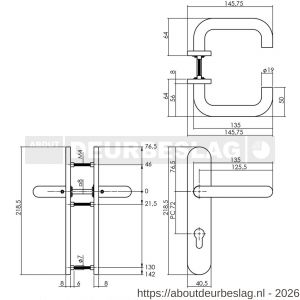 Intersteel Living 1295 deurkruk Rond op schild verdekt ovaal 219x40 mm met nokken profielcilindergat 72 mm RVS EN 1906/4 - R26005656 - afbeelding 2