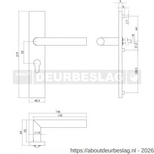 Intersteel Essentials 1307 deurkruk Jura op schild verdekt rechthoekig 219x40 mm met nokken profielcilindergat 55 mm RVS EN 1906/4 - R26005702 - afbeelding 2