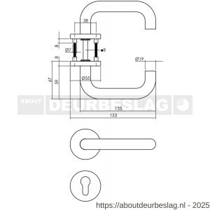 Intersteel 1315 deurkruk Rond op rozet verdekt diameter 55x8 mm met nokken en cilinderrozetten RVS - R26008517 - afbeelding 2