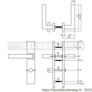 Intersteel 1337 deurkruk Vierkant op schild verdekt rechthoekig 219x40 mm met nokken WC 78/8 mm RVS EN 1906/4 - R26010816 - afbeelding 2