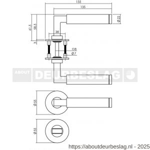 Intersteel 1839 deurkruk Baustil op rozet verdekt met magneet diameter 55x3 mm met nokken en WC-sluiting met stift 8x8 mm RVS - R26008531 - afbeelding 2