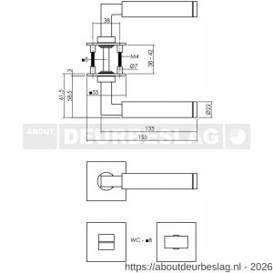 Intersteel 1849 deurkruk Baustil op rozet verdekt met magneet 55x55x3 mm met nokken en WC-sluiting met stift 8x8 mm RVS - R26008538 - afbeelding 2