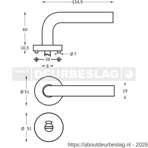 Intersteel 1954 deurkruk Lisa-90 graden met rozet verdekt ATP diameter 51x10 mm met nokken en WC-sluiting met stift 8x8 mm RVS - R26005825 - afbeelding 2