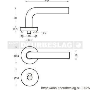 Intersteel 1955 deurkruk Gebogen met rozet verdekt ATP diameter 51x10 mm met nokken en WC-sluiting met stift 8x8 mm RVS - R26005831 - afbeelding 2