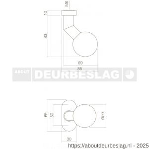 Intersteel 2165 knop bol-schuin vast op rozet ovaal 4 mm RVS - R26001001 - afbeelding 2