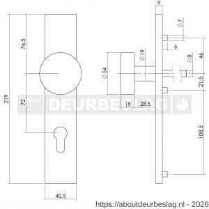 Intersteel 2754 knopschild rechthoekig verdekt 219x41x8 mm met nokken en vaste knop plat profielcilindergat 72 mm EN 1906/4 RVS - R26005868 - afbeelding 2