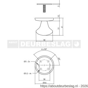 Intersteel Essentials 3930 voordeurknop Paddenstoel diameter 58 mm op achterplaat diameter 66 mm éénzijdige montage RVS - R26006035 - afbeelding 2