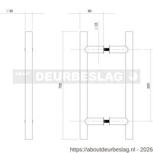 Intersteel Essentials 4327 deurgrepen per paar T-vorm 700x80x30 mm hart op hart 500 mm RVS - R26008693 - afbeelding 2