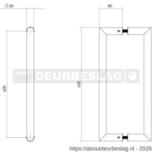 Intersteel Essentials 4339 deurgrepen per paar recht-Hoek 90 graden 630x80x30 mm hart op hart 600 mm RVS - R26008766 - afbeelding 2