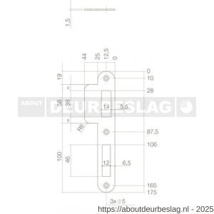 Intersteel 9509 sluitplaat 175x25/44x1,5 mm voor dag- en nacht schoot afgerond met korte lip RVS DIN rechts - R26006918 - afbeelding 2