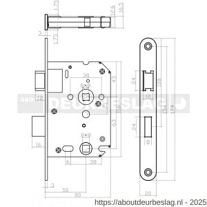Intersteel Essentials 9542 woningbouw badkamer-toilet slot 63/8 mm voorplaat afgerond RVS 20x174 mm doorn 50 mm met sluitplaat - R26007083 - afbeelding 2