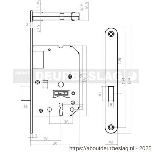 Intersteel Essentials 9543 woningbouw klavier kastslot 55 mm voorplaat afgerond RVS 20x174 mm doorn 50 mm met sluitplaat 2 sleutels - R26007084 - afbeelding 2