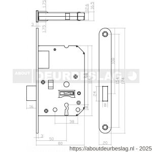 Intersteel Living 9548 woningbouw klavier kastslot 55 mm voorplaat afgerond zwart gelakt 20x175 doorn 50 mm met sluitplaat en 2 sleutels - R26008920 - afbeelding 2