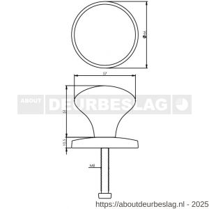 Intersteel Living 3930 voordeurknop paddenstoel diameter 57 mm op achterplaat diameter 66 mm messing ongelakt - R26001031 - afbeelding 2