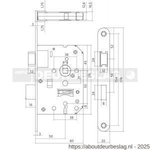 Intersteel Essentials 9542 woningbouw klavier dag- en nachtslot 55 mm voorplaat afgerond RVS 20x174 mm doorn 50 mm met sluitplaat en 2 sleutels - R26007081 - afbeelding 3