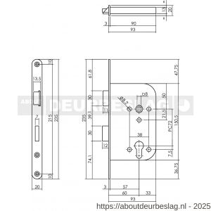 P+E 1620 dag- en nachtslot profielcilindergat 72 mm DIN rechts-links met RVS geborstelde voorplaat 235x20 mm - Y26500110 - afbeelding 2