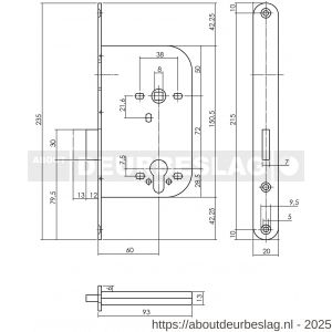 P+E 1625 kastslot profielcilindergat 72 mm DIN rechts-links met RVS geborstelde voorplaat 235x20 mm - Y26500111 - afbeelding 2