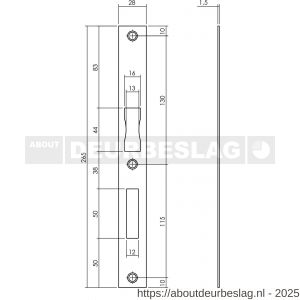 P+E 4021 sluitplaat zonder lip voor projectsloten met dag- en nachtsschoot 265x28 mm RVS geborsteld - Y26500060 - afbeelding 2