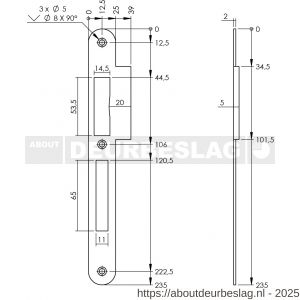 P+E 4081 sluitplaat voor projectsloten met dag- en nachtschoot DIN links 235x25 mm RVS geborsteld - Y26500061 - afbeelding 2