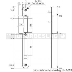 P+E 4081 sluitplaat voor projectsloten met dag- en nachtschoot DIN rechts 235x25 mm RVS geborsteld - Y26500062 - afbeelding 2
