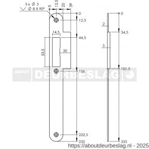 P+E 4082 sluitplaat voor projectsloten met dagschoot DIN links 235x25 mm RVS geborsteld - Y26500063 - afbeelding 2