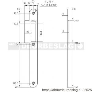P+E 4082 sluitplaat voor projectsloten met dagschoot DIN rechts 235x25 mm RVS geborsteld - Y26500064 - afbeelding 2