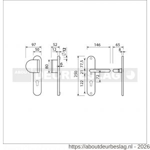Ami VHB 250/50/1-90/83 veiligheidsvoordeur-duwerlangschildgarnituur SKG*** ovaal VHB 250/50/1 profielcilinder PC 72 deurduwer 90/83 links F1 profielcilinder PC 72 en deurkruk 369 M6 deurdikte 38-42 mm - R10900943 - afbeelding 2