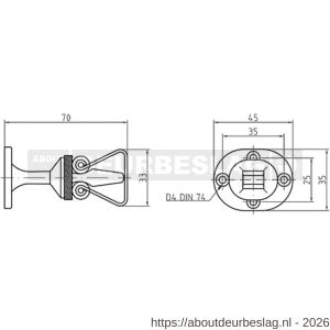 S&B 253101.4 deurvastzetter L=70 mm D=45x35 mm met rubber aanslag messing gepolijst - R40615123 - afbeelding 2