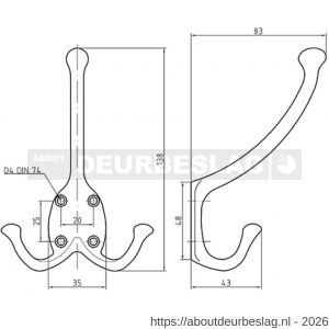 S&B 590000.4 hoed en jas kapstokhaak dubbel 2 armig 110 mm messing polijst - R40615163 - afbeelding 2