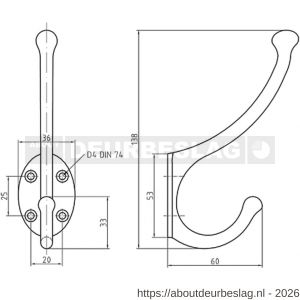 S&B 590100.4 hoed en jas kapstokhaak enkel 1 armig 110 mm messing gepolijst - R40615166 - afbeelding 2
