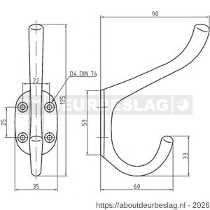 S&B 590200.4 hoed en jas kapstokhaak zwaar enkel 1 armig Form A 90 mm DIN 81407 messing gepolijst - R40615169 - afbeelding 2